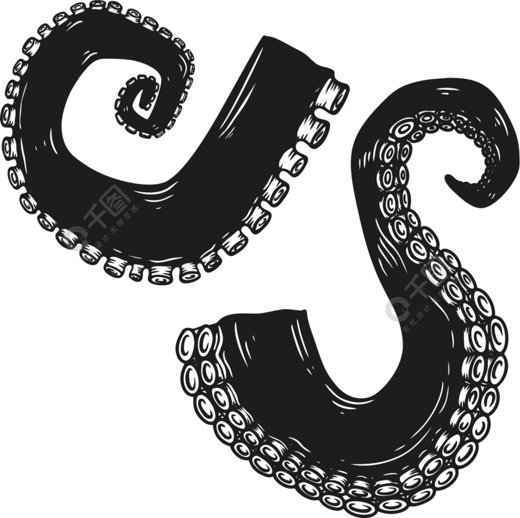 雕刻风格的章鱼鱿鱼触手集标志标签徽章标志徽章的设计元素矢量图