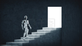 3D 渲染机器人人形走上楼梯走向成功和目标实现。第四次第四次工业革命的人工智能思维大脑和机器学习过程的概念.. 3D 渲染机器人人形走上成功的阶梯