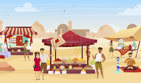 阿拉伯集市平面彩色矢量图。土耳其市场的游客与贸易遮阳篷。游客购买埃及纪念品的无名卡通人物，背景是沙漠小镇