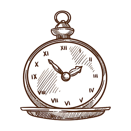 554时钟表盘与手老式怀表孤立素描复古男性配件矢量时间测量老式绅士