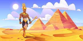 古埃及神阿蒙在沙漠中的金字塔。用黄色沙丘、埃及法老陵墓和阿蒙拉图描绘景观的矢量卡通画。古埃及神阿蒙在有金字塔的沙漠中