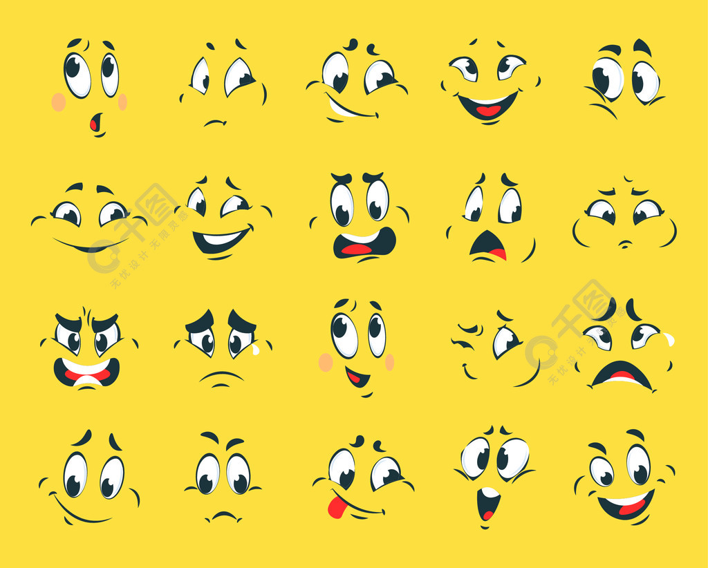 有趣的脸卡通情感表达带有轮廓眼睛或眉毛和嘴巴的漫画表情黄色背景上
