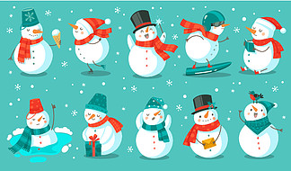 雪<i>人</i>。欢快的圣诞雪<i>人</i>穿着不同的服装，配有冰淇淋、书籍和礼物、信件和滑雪板冬季户外节日快乐圣诞假期可<i>爱</i><i>人</i>物，平面矢量卡通孤立套装。雪<i>人</i>。欢快的圣诞雪<i>人</i>穿着不同的服装，配有冰淇淋、书籍和礼物、信件和滑雪板