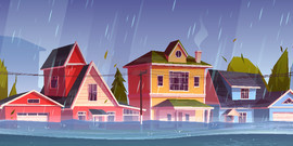 镇上的洪<i>水</i>，河<i>水</i>流在有小屋的城市街道上流动。自然灾害与雨<i>水</i>和风暴在农村地区被洪<i>水</i>淹没的建筑物、气候变化。卡通矢量图。镇上的洪<i>水</i>，街上的河<i>水</i>流