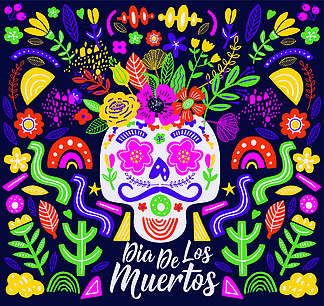 墨西哥设计节日贺卡或派对邀请函、海报。Dias de los Muertos 排版横幅矢量。在英语中的死亡盛宴。墨西哥设计嘉年华卡或派对邀请函、海报。花传统的墨西哥框架与深色背景上的花卉字母。