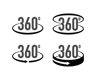 360 度视图标志图标。带有箭头的标志表示旋转或全景到 360 度。矢量股<i>票</i>插图。
