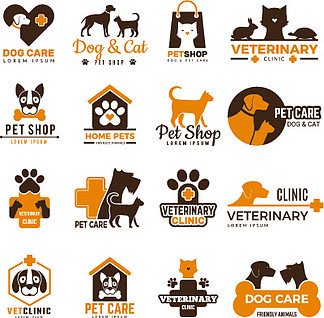 兽医诊所标志宠物店猫狗家养动物保护友好有趣的符号矢量集合