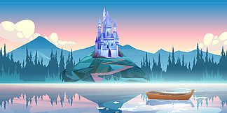 在岩石的幻想蓝色城堡在早晨。矢量卡通山<i>景</i>与魔法皇宫与塔、森林和<i>湖</i><i>泊</i>与雾和船。童话插图与悬崖上的中世纪城堡。早晨岩石上的梦幻蓝色城堡