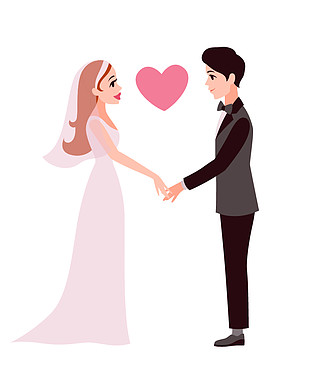 卡通幸福浪漫情侣牵手,年轻的妻子和丈夫在一起,邀请参加婚礼贺卡模板