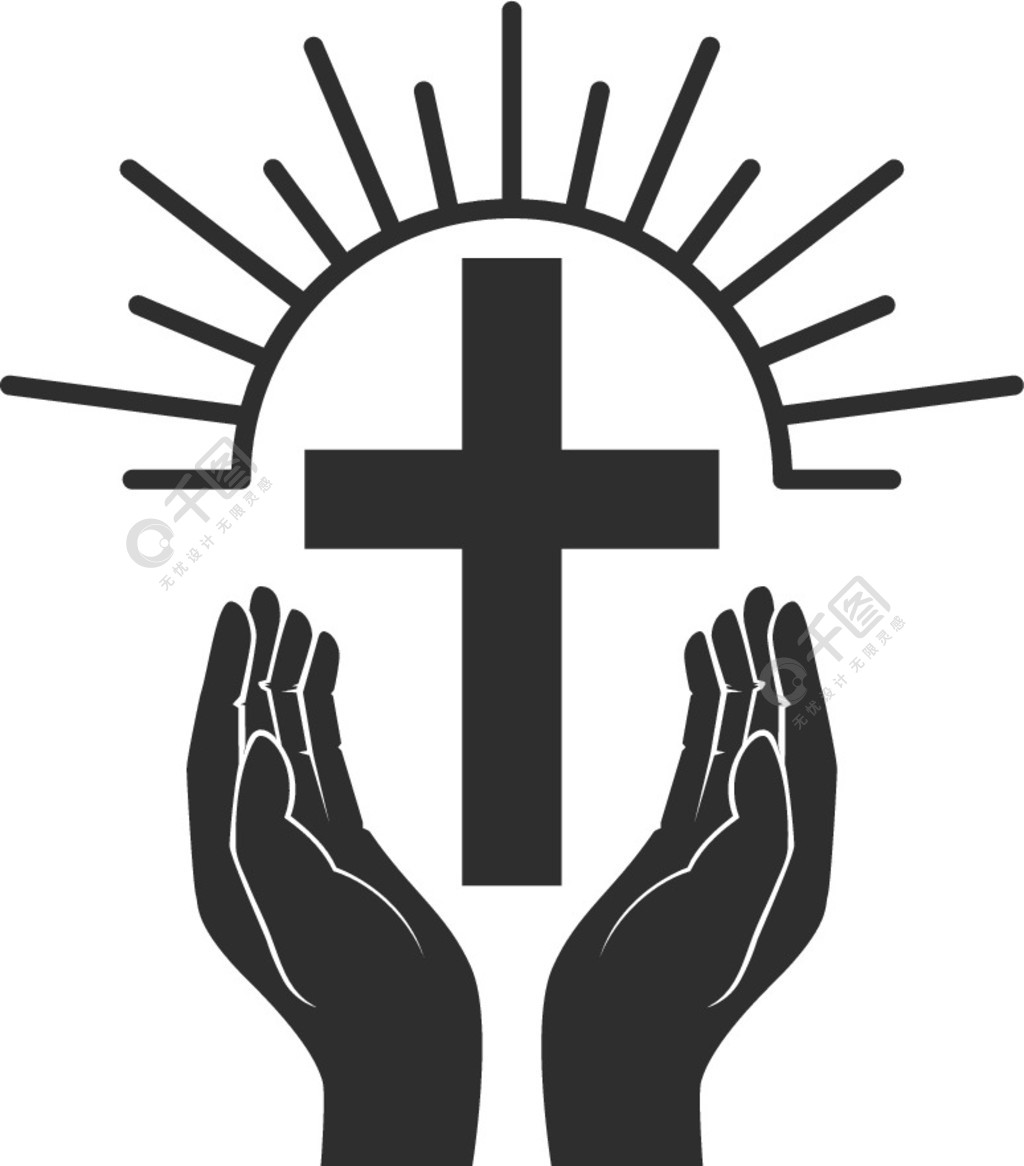 双手带着闪亮的圣十字标志标签徽章标志徽章的设计元素矢量图