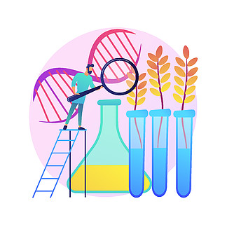 转基因植物抽象概念矢量图。转基因作物，转基因植物，生物技术农业，<i>添</i>加新功能，转基因农业，转基因抽象隐喻。转基因植物抽象概念矢量图。