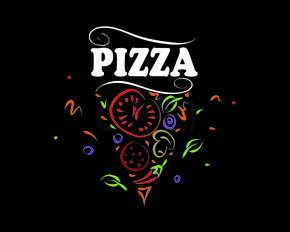 手绘矢量披萨标志在黑色背景上。手绘矢量披萨标志在黑色背景上