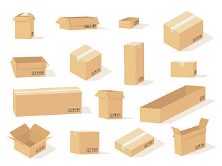 纸板箱。箱子打开和关闭不同的尺寸、前视图和各种角度、方形和矩形纸箱包装、交付货物矢量集。纸板箱。打开和关闭不同尺寸、前视图和各种角度纸箱包装、交付货物矢量集的盒子