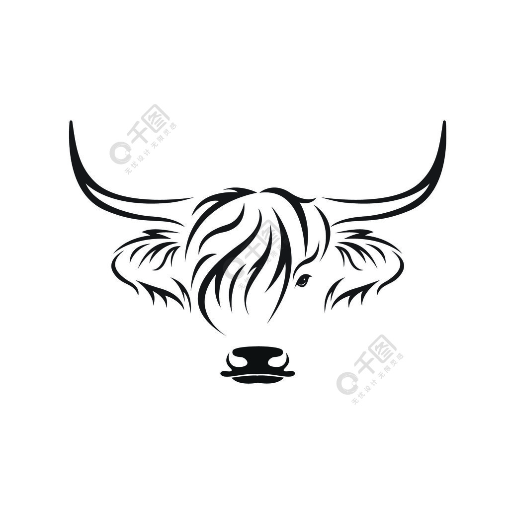 白色背景下高地牛头设计的矢量农场动物奶牛标志或图标易于编辑的分层
