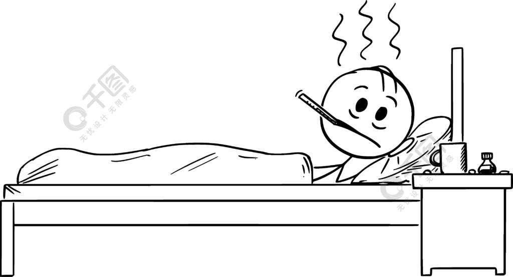 矢量卡通棒图绘制生病的人因流感感冒流感或疾病而卧床不起的概念插图