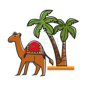 有马鞍和高大的热带棕榈树的埃及骆驼。具有在空旷沙漠中运输的预感的耐寒动物和外来树木植物在白色背景上孤立的卡通平面矢量图解。带马鞍和高大热带棕榈树的埃及骆驼