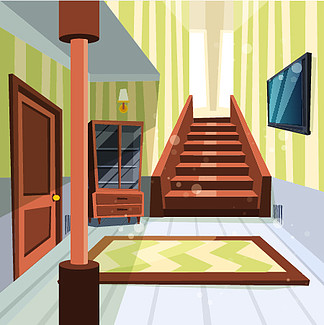 房子内部带楼梯和储藏室矢量卡通插图的公寓灯室走廊