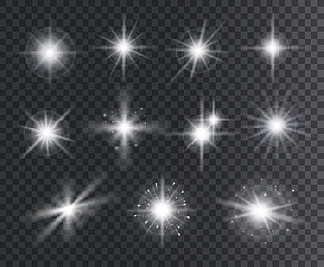 灯光效果。白色的星星火花，明亮的耀斑与光芒。魔法发光的尘埃粒子。圣诞抽象元素隔离向量集。插图魔术耀斑，闪耀充满活<i>力</i>的圣诞明星。灯光效果。白色的星星火花，明亮的耀斑与光芒。魔法发光的尘埃粒子。圣诞抽象元