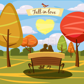秋天的风景，长凳，可爱的情侣。心、树和落叶，类似，矢量图卡通风格。秋景，长凳，恋爱中的可爱情侣，心，树和落叶，类似，矢量图，卡通风格，孤立