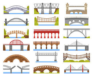 城桥。城市天桥建设、桁架和绑拱河桥、行<i>车</i>道建筑矢量图图标集。拱建筑城市，铁路建设桥梁。城桥。城市天桥建设、桁架和绑拱河桥、<i>车</i>道建筑矢量图图标集