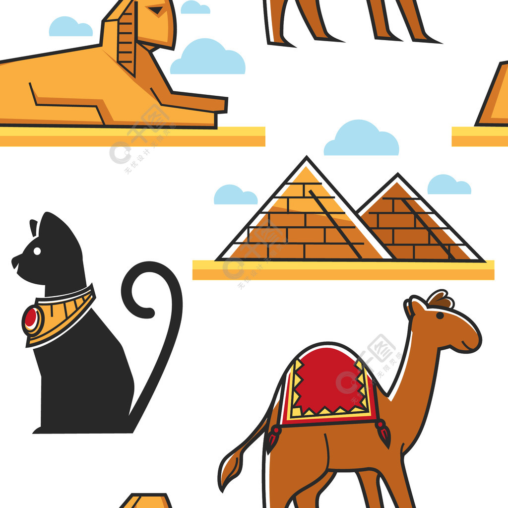 埃及狮身人面像和金字塔猫和骆驼埃及建筑和动物无缝图案矢量著名地标