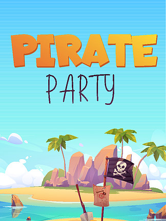 海盗派对传单、儿童冒险游戏或化装派对的邀请。矢量海报与夏季岛屿的卡通插<i>图</i>与黑色海盗旗与头骨、 铲子和沙滩上的地<i>图</i>。带有岛屿和黑旗的海盗派对传单
