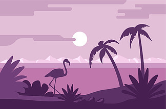 夏季风景热带岛屿或<i>海</i><i>湾</i>、棕榈树和火烈鸟鸟在日落矢量。野生<i>海</i>滩黎明，大<i>海</i>和<i>海</i>边，假期和假期。异国情调的天堂度假村，月亮下的动植物。夜间夏季景观、带火烈鸟和棕榈树的<i>海</i>滩