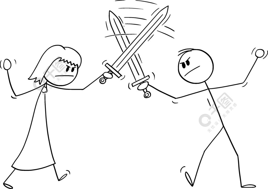 男人和女人用剑打架,关系问题矢量卡通简笔画