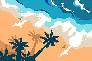 夏季景观热带岛屿或<i>海</i><i>湾</i>、棕榈树和飞鸟顶视图矢量。野生<i>海</i>滩黎明，大<i>海</i>和<i>海</i>边，假期和假期。异国情调的天堂度假村，沙滩上的潮汐。<i>海</i>滩夏天风景、热带<i>海</i>岛、棕榈和飞鸟