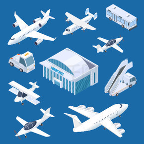 机场矢量集的等距机场建筑、飞机和运输。等距飞机和机场建设国际插图。机场矢量集的等距机场建筑、飞机和运输
