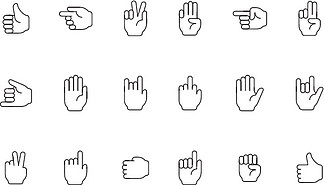 手势线图标。人的手指向和拿着和平胜利恶魔人手掌和手指矢量的符号。插图手势<i>交</i><i>流</i>，收藏手势。手势线图标。人手指向和拿着和平胜利恶魔人手掌和手指矢量的符号