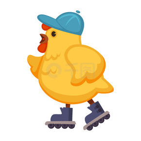 穿着蓝色帽子的肥鸡在溜冰鞋上散步。带头饰的胖母鸡玩得开心，还溜冰。可笑的家禽在滚轮上孤立的卡通平面矢量图在白色背景上。在溜冰鞋上散步时戴蓝帽的肥鸡