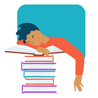 压力和过度劳累的青少年问题学习整夜睡在书堆上的病媒男孩准备，为测<i>试</i>书虫或书呆子少年和疲惫不堪的人教科书学习教育。青少年问题压力和过度工作整夜学习