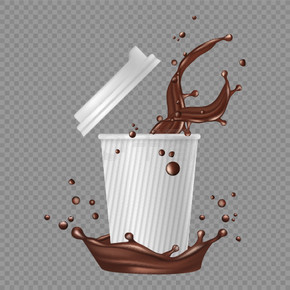 外卖咖啡。白纸杯，咖啡溅起。矢量逼真的热巧克力插图。纸现实杯咖啡，饮料巧克力。外卖咖啡。白纸杯，咖啡溅起。矢量逼真的热巧克力插画