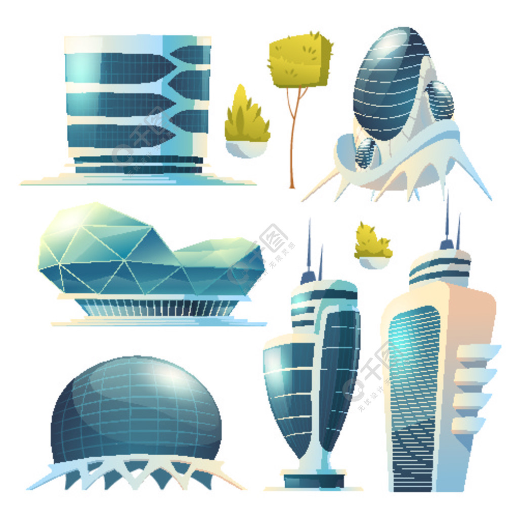大楼外星人城市住宅设计卡通矢量集具有玻璃幕墙的未来城市未来派建筑