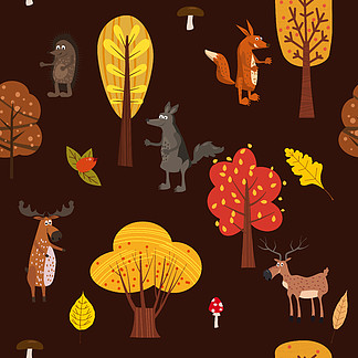 秋天的森林可<i>爱</i>的<i>动</i><i>物</i>无缝图案与树叶。秋林可<i>爱</i><i>动</i><i>物</i>无缝图案与树叶时尚平面卡通风格