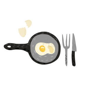 煎蛋在锅里用叉子、刀子和蛋壳在白色背景。在涂鸦矢量图中烹饪的工具。在白色背景上用叉子、刀子和蛋壳在锅里煎鸡蛋。在涂鸦中烹饪的工具。