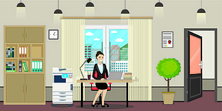 现代办公室和高加索女商<i>人</i>或女办公室工作<i>人</i>员。窗户，开门，花盆和现代家具，卡通矢量图。现代办公室和白<i>种</i><i>人</i>女商<i>人</i>或女性办公室