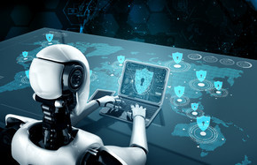 人工智能机器人利用网络安全保护信息隐私。通过人工智能和机器学习过程预防网络犯罪的未来概念。 3D 渲染插图。