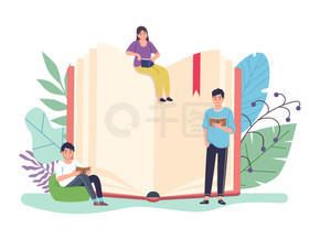 阅读书籍的概念。巨大的开放式教科书和小人阅读书籍、电子学习和图书馆、远程学习和自学、聪明的女性和男性学习平面矢量卡通画。阅读书籍的概念。巨大的开放式教科书和小人阅读书籍、电子学习和图书馆、远程学习和自