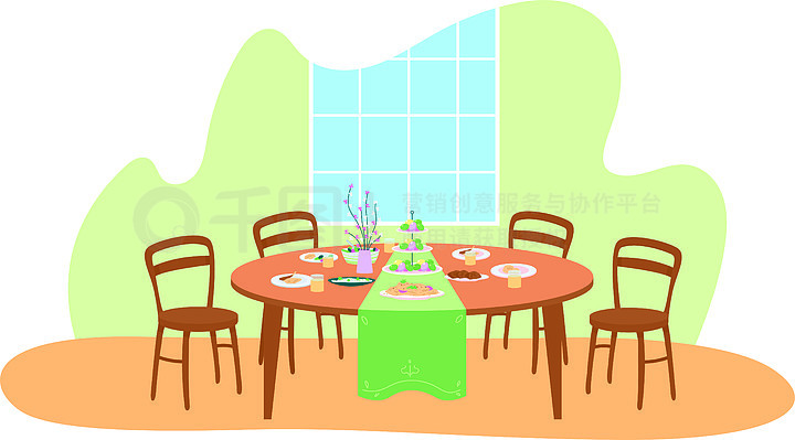 卡通背景上的家庭餐厅平面场景家庭盛宴