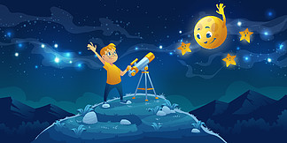 孩子在望远镜里看，好奇的小男孩在黑<i>暗</i>的夜空中用银河向友好的月亮和星星挥手。天文学、空间观察爱好或学习、卡通矢量图解。儿童看望远镜，男孩空间观察