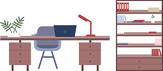 办公家具平面颜色矢量对<i>象</i>。公司员工、自由职业者工作场所为网页图形设计和动画制作孤立的卡通插图。带笔记本电脑的桌面和带文件的书柜。办公家具平面颜色矢量对<i>象</i>