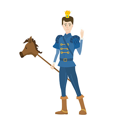 年轻的王子戴着中世纪童话服装和玩具的皇冠,把马拴在一根棍子上