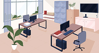 舒适的商务办公室 2d 卡通室内设计,背景为家具