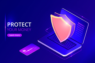 <i>保</i>护您的货币概念、网上银行安全<i>保</i><i>证</i>、等距矢量。银行信用卡和开放式笔记本电脑，金盾在其屏幕上<i>保</i>护个人信息，紫色登陆网页。<i>保</i>护货币概念、网上银行安全
