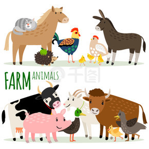 农场动物卡通人物矢量组在白色背景下被隔离。农场动物卡通人物
