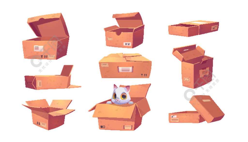 棕色纸板箱不同的形状隔离在白色背景上。用于移动、交付或存储的一组打开和关闭的空包装容器的矢量卡通片。有趣的猫在盒子里。不同形状的棕色纸箱
