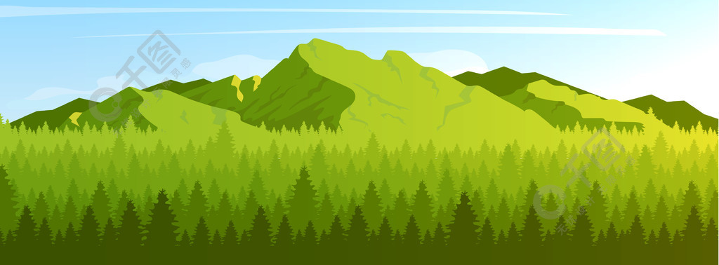 山地和针叶林平面彩色矢量图青山和枞树狂野的夏日自然风光2d卡通和平