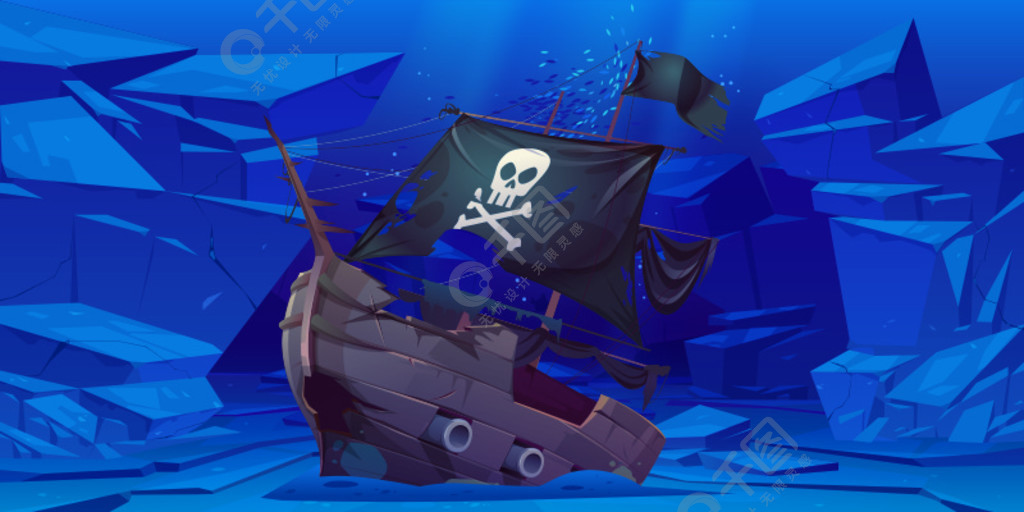 有黑帆的沉没的海盗船和带有骷髅和交叉骨的旗子在海